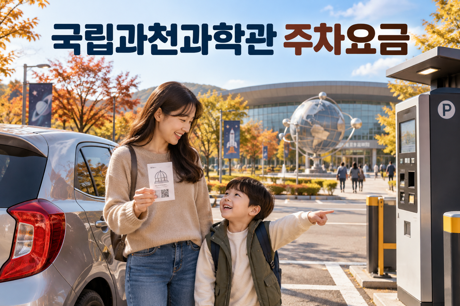 아이와 보호자가 주차한 차 옆에서 과학관 관람권과 정산 안내를 준비하는 모습