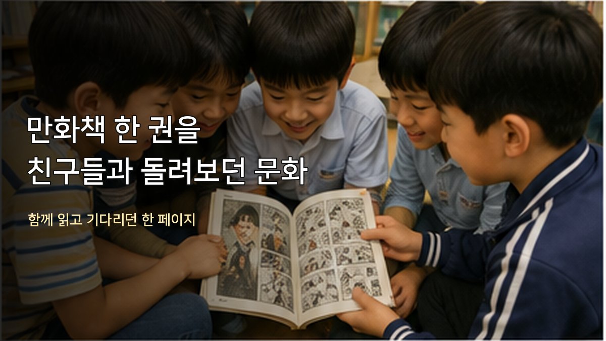 네 명의 친구가 한 권의 만화책을 가운데 두고 모여 함께 읽는 모습