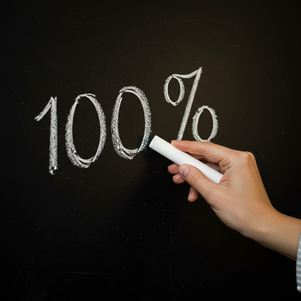 칠판에 쓰인 '100'이라는 숫자를 지우고 '70'을 쓰는 손. 완벽주의를 내려놓는 것을 시각적으로 표현.