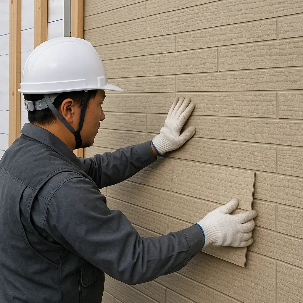 시공 중 패널 이음새 실란트 처리 장면