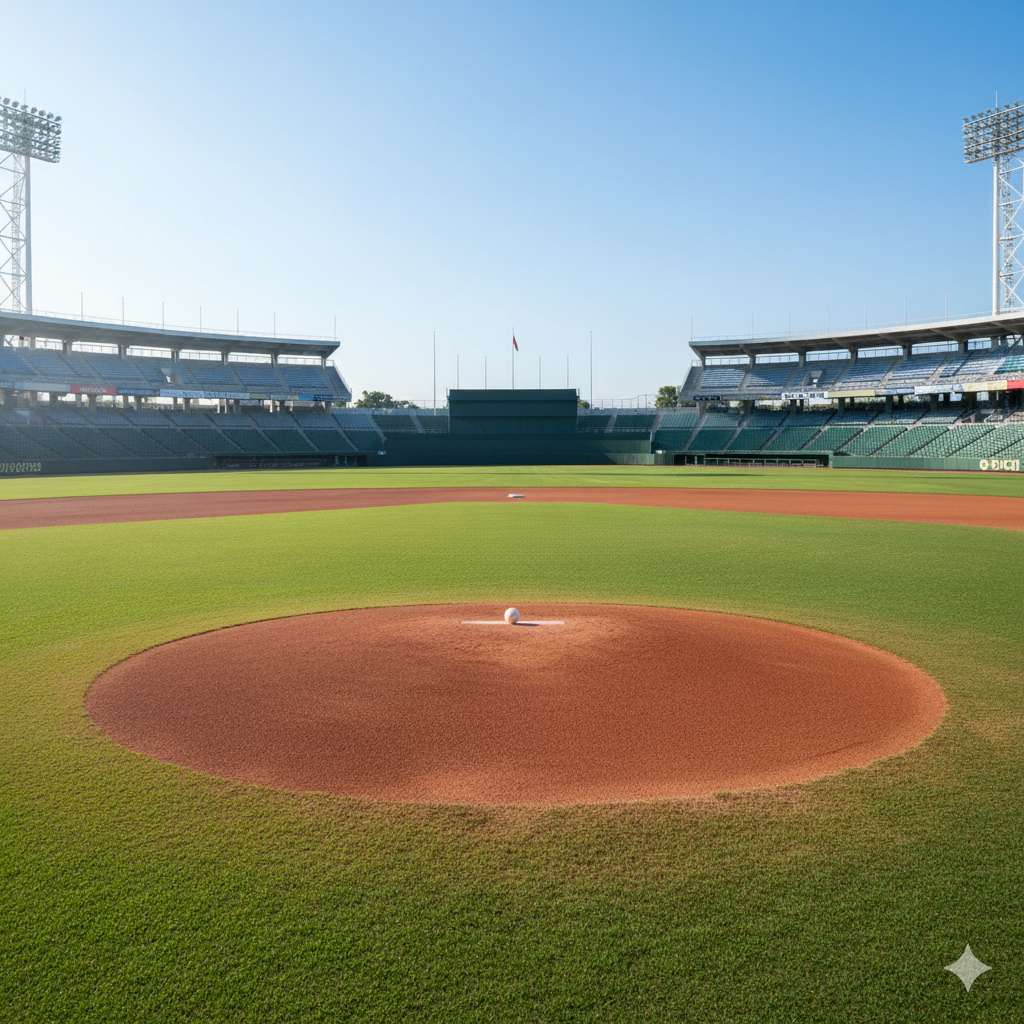 투수 마운드쪽에서 바라본 야구 경기장