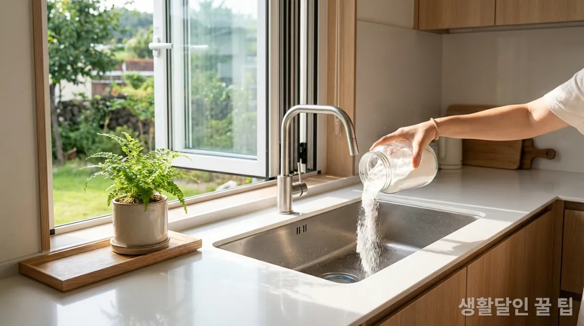 창문을 열고 싱크대 배수구에 세제를 붓는 모습