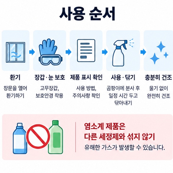 환기 보호장비 제품 표시 확인 세정 제거 건조 순서로 곰팡이 제거 스프레이 사용법을 정리한 인포그래픽