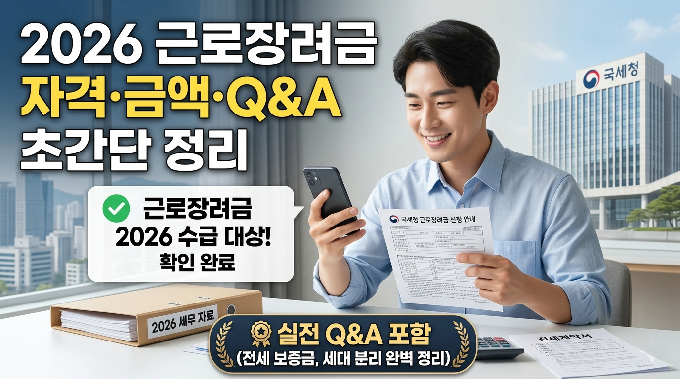 2026년 국세청 근로장려금 신청 자격 소득 재산 기준 및 전세 보증금 세대 분리 Q&A 안내 일러스트