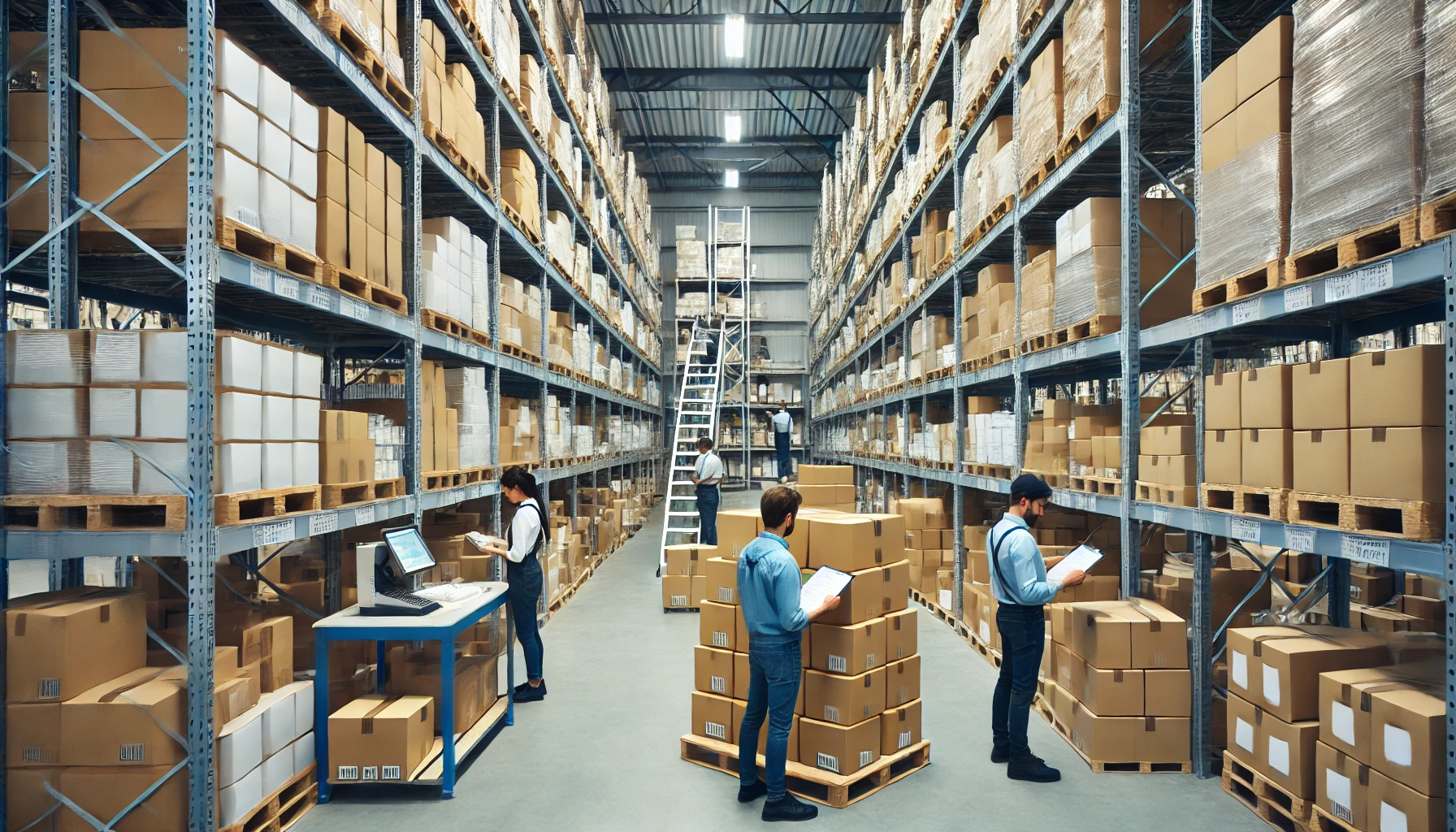물류 창고에서 출고 준비 중인 도매 상품 &ndash; 정리된 창고에서 직원들이 주문을 관리하는 모습