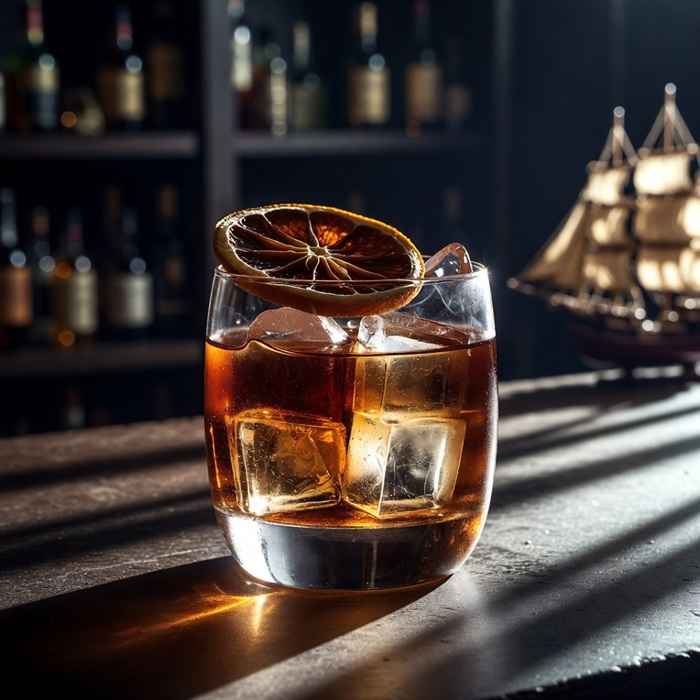 올드 패션드 글라스에 담긴 데드맨 핸들 칵테일, 말린 오렌지 슬라이스 가니시와 얼음, 클래식한 바 분위기의 위스키 칵테일 완성 사진