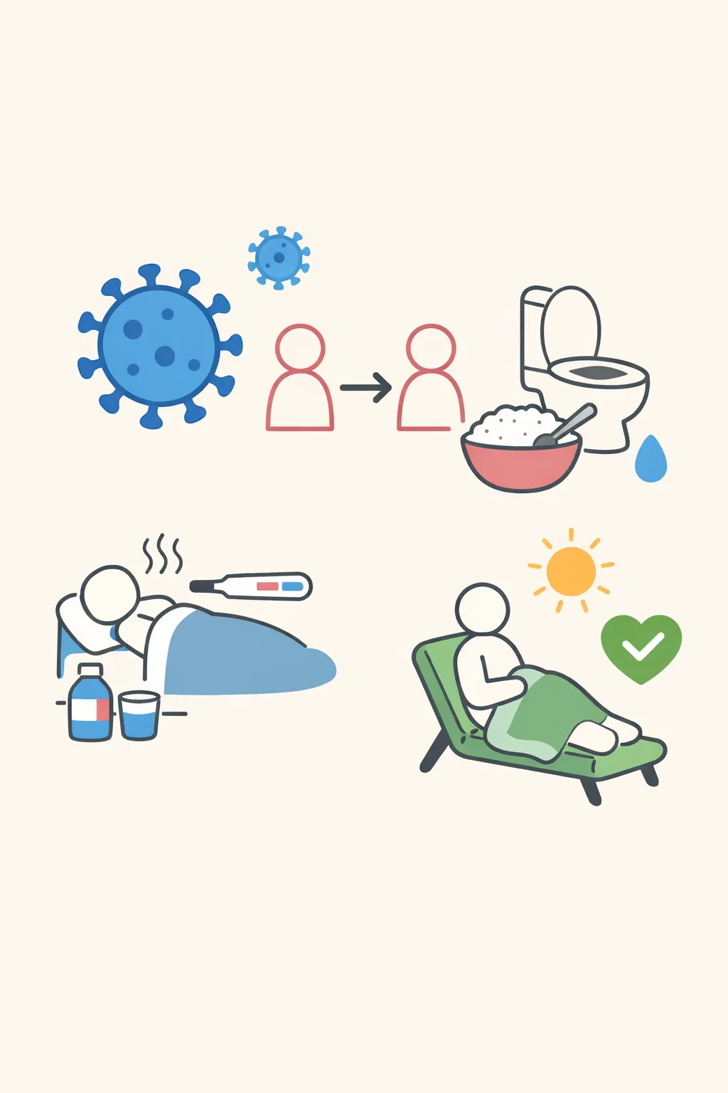 바이러스성 장염 전염 경로와 회복 관리 기준을 시각적으로 정리한 이미지12
