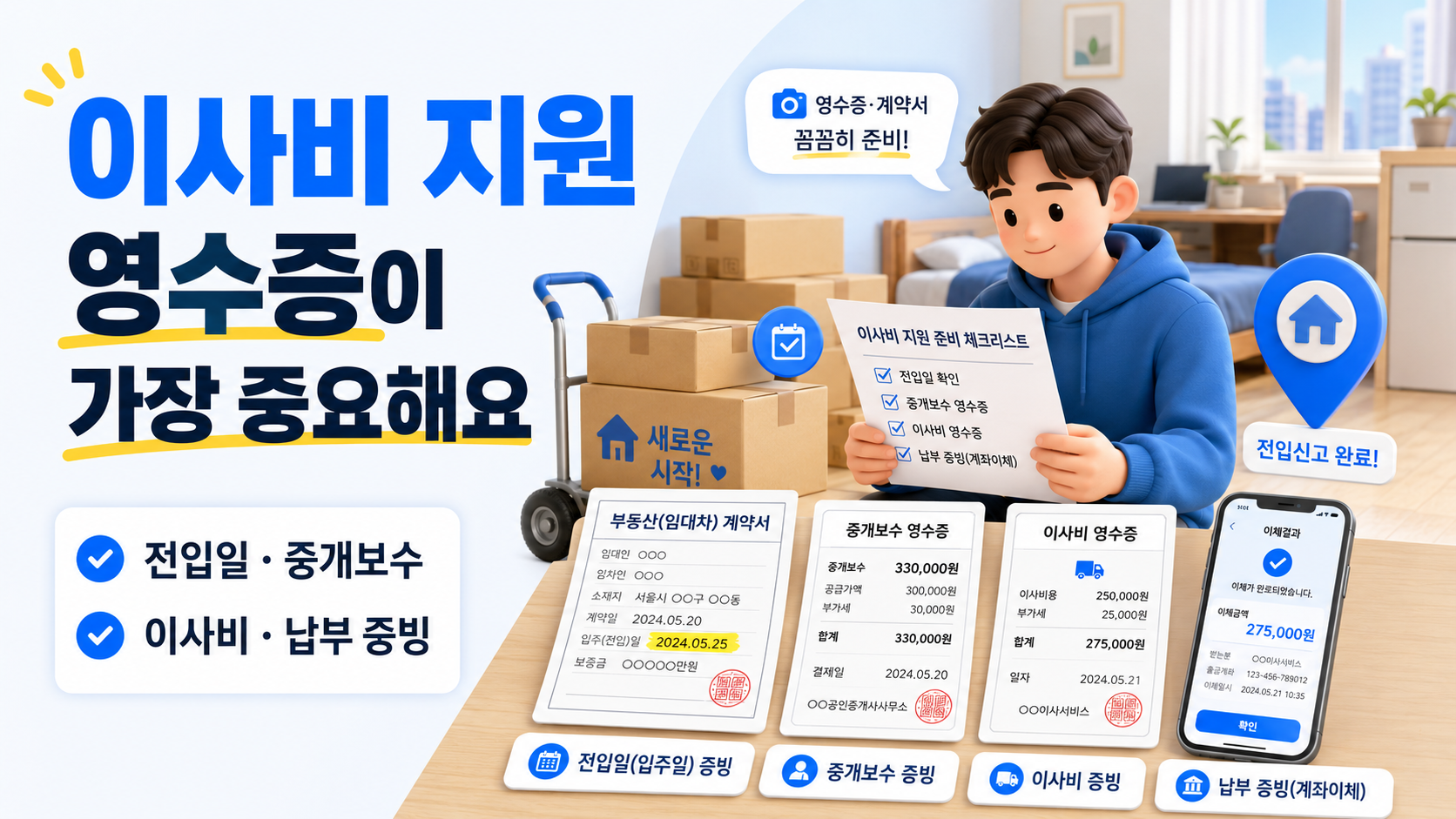 청년 이사비 지원 신청을 위해 계약서와 영수증을 준비하는 모습