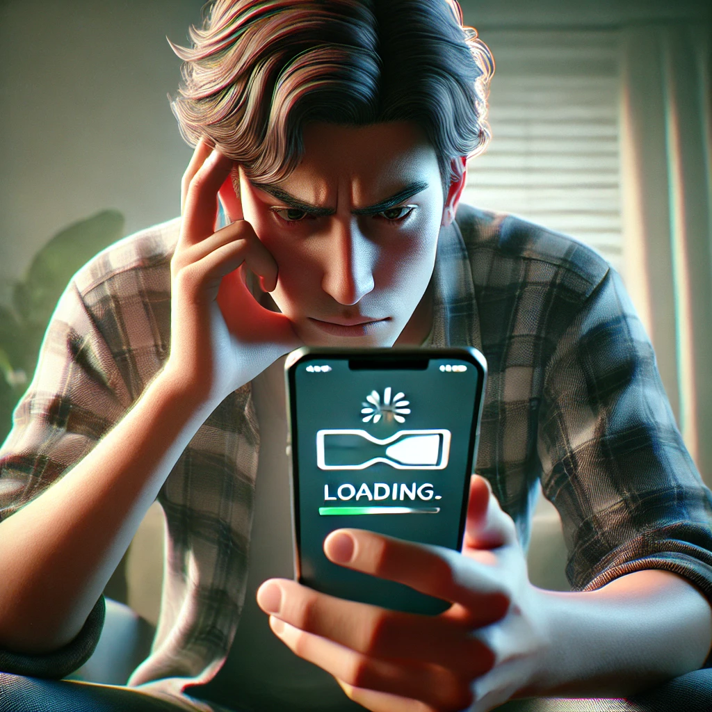 폰이 느려져서 답답해하는 사람의 이미지