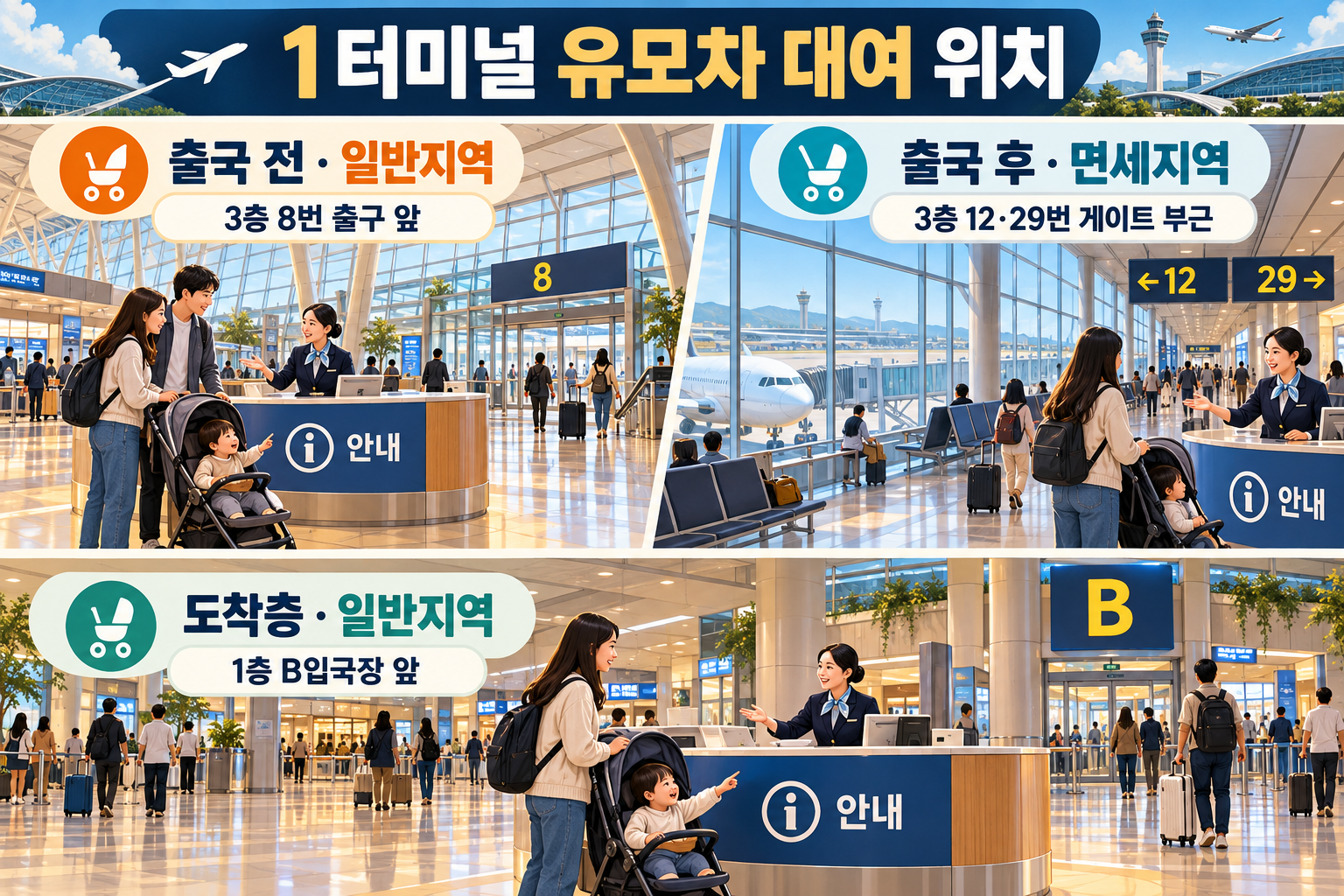 인천공항 1터미널의 8번 출구·B입국장 앞과 면세지역 12·29번 게이트 대여 위치