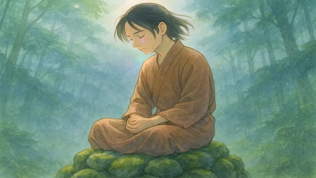 겸손한 자세로 명상하는 사람의 평온한 모습을 보여주는 이미지