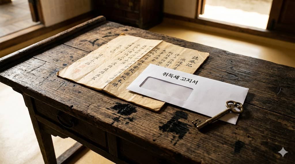 파일명: joseon-land-tax-history-acquisition-tax.jpg 
Alt: 조선 결세 장부와 현대 취득세 고지서 비교 &mdash; 취득세의 역사적 구조