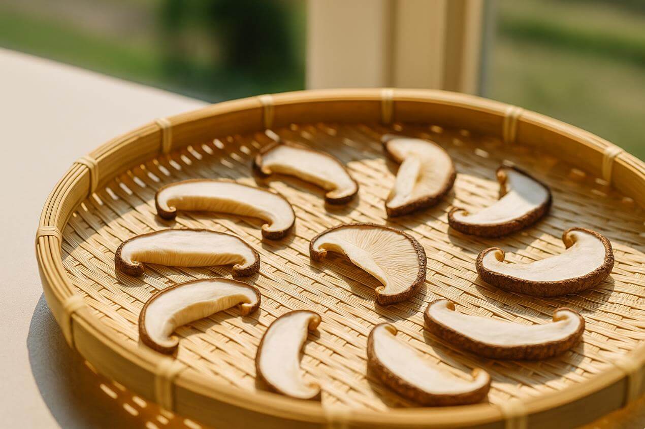 햇살 아래 대나무 채반에 얇게 썬 표고버섯을 말리는 모습.