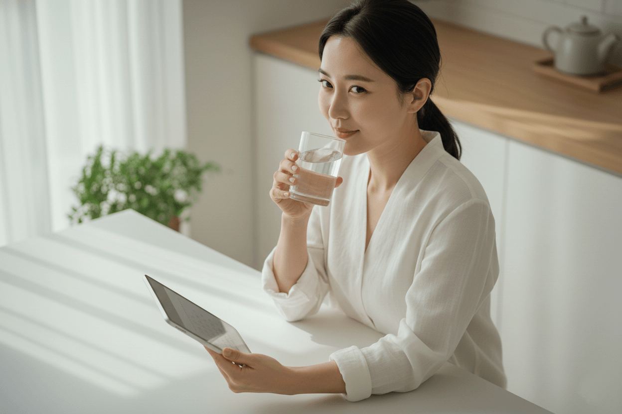 밝은 주방에서 물 한 잔을 들고 태블릿을 보며 건강을 챙기는 여성