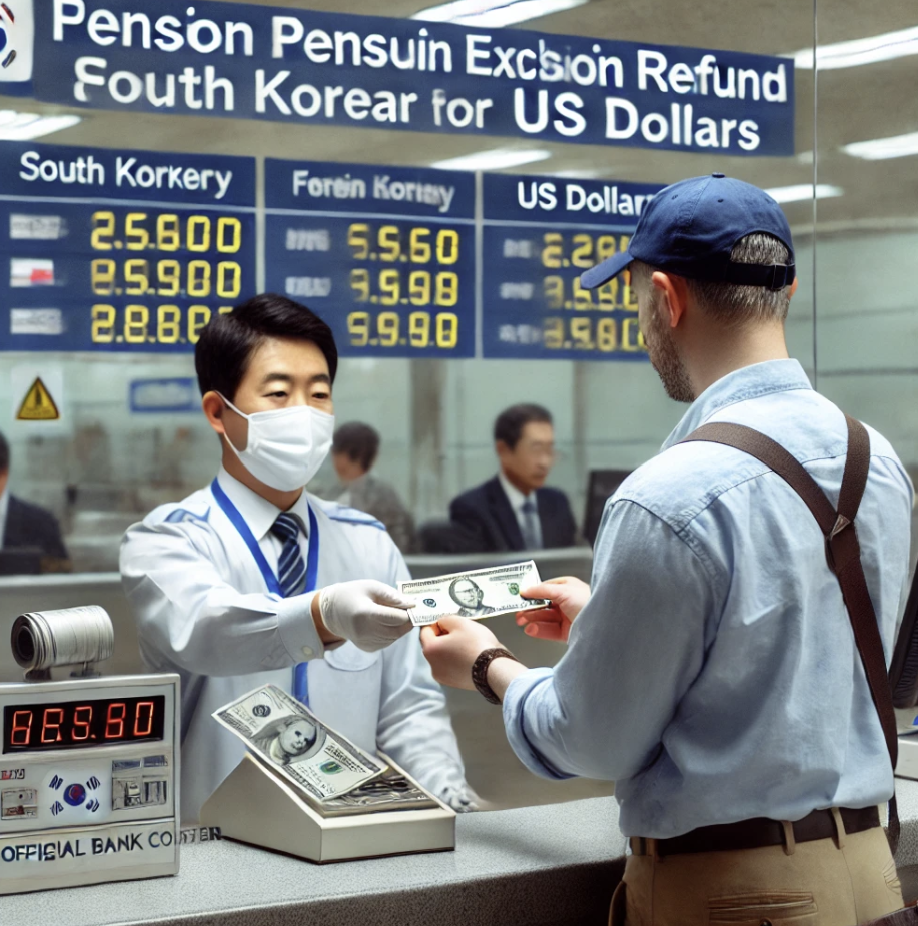 외국인 근로자가 은행 환전 창구에서 반환일시금을 외화로 수령하는 모습