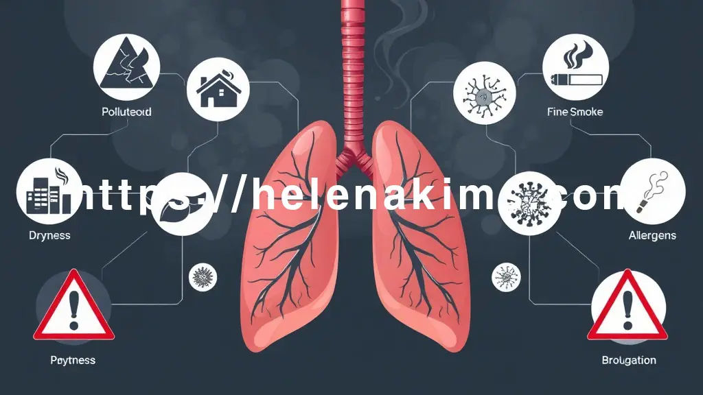 과학적인 그래픽 아트 스타일로, 인간 폐와 기관지 시스템이 중앙에 자리 잡고 있고, 오염된 공기를 나타내는 검은 연기/미세먼지, 건조함을 상징하는 갈라진 땅, 담배 연기, 그리고 작은 바이러스 및 알레르기 유발 물질 아이콘들이 주변으로는 다양한 위험 요소를 상징하는 이미지.