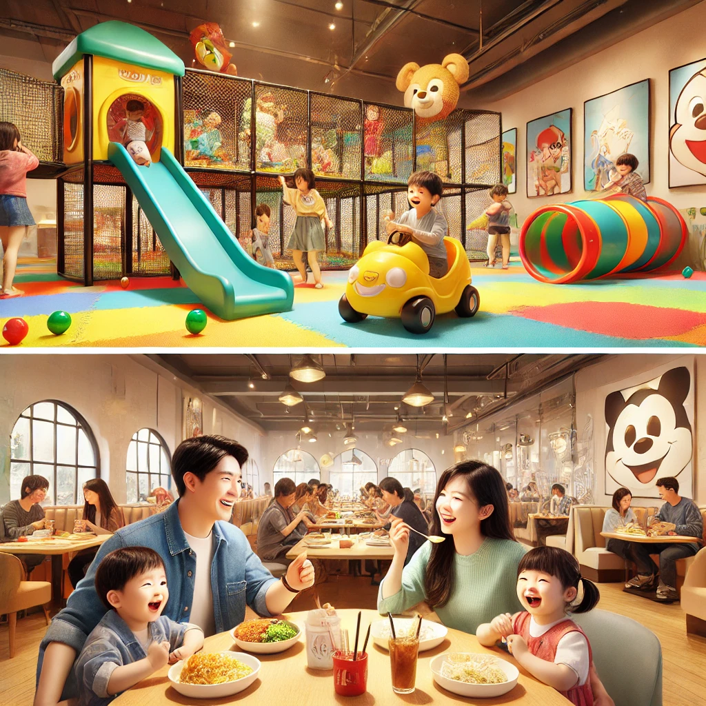아이들이 노는 실내 키즈카페, 캐릭터 테마 레스토랑에서 식사 중인 가족