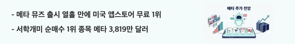 메타 주가 전망: '메타 뮤즈 출시 열흘 만에 미국 앱스토어 무료 1위 / 서학개미 순매수 1위 종목 메타 3,819만 달러'라는 문구가 포함된 웹배너 이미지. 이 이미지는 뮤즈 흥행과 국내 투자자의 메타 순매수를 시각적으로 전달하며, 블로그의 9월 메타 주가를 움직인 사실들과 관련된 내용을 설명함