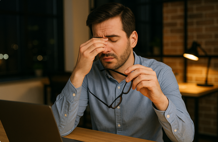 야근하는 직장인이 눈이 피로해서 쉬는 사진