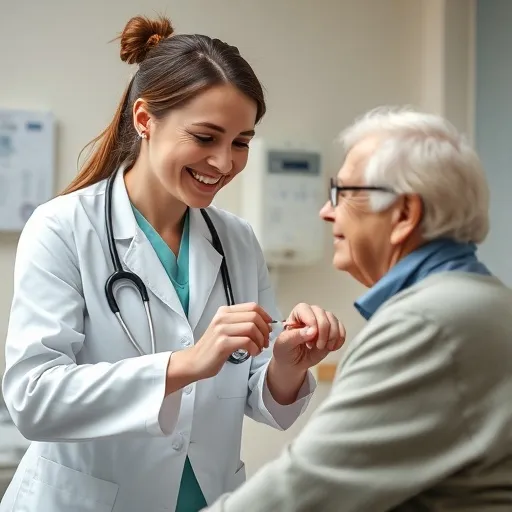 흰 가운을 입은 친절한 표정의 의사나 간호사가 환자(어르신 또는 어린이)에게 부드럽게 말을 걸며 독감 예방접종을 준비하는 모습입니다. 환자는 편안하고 안정된 표정을 짓고 있으며, 의료진의 전문성과 세심함을 강조합니다.