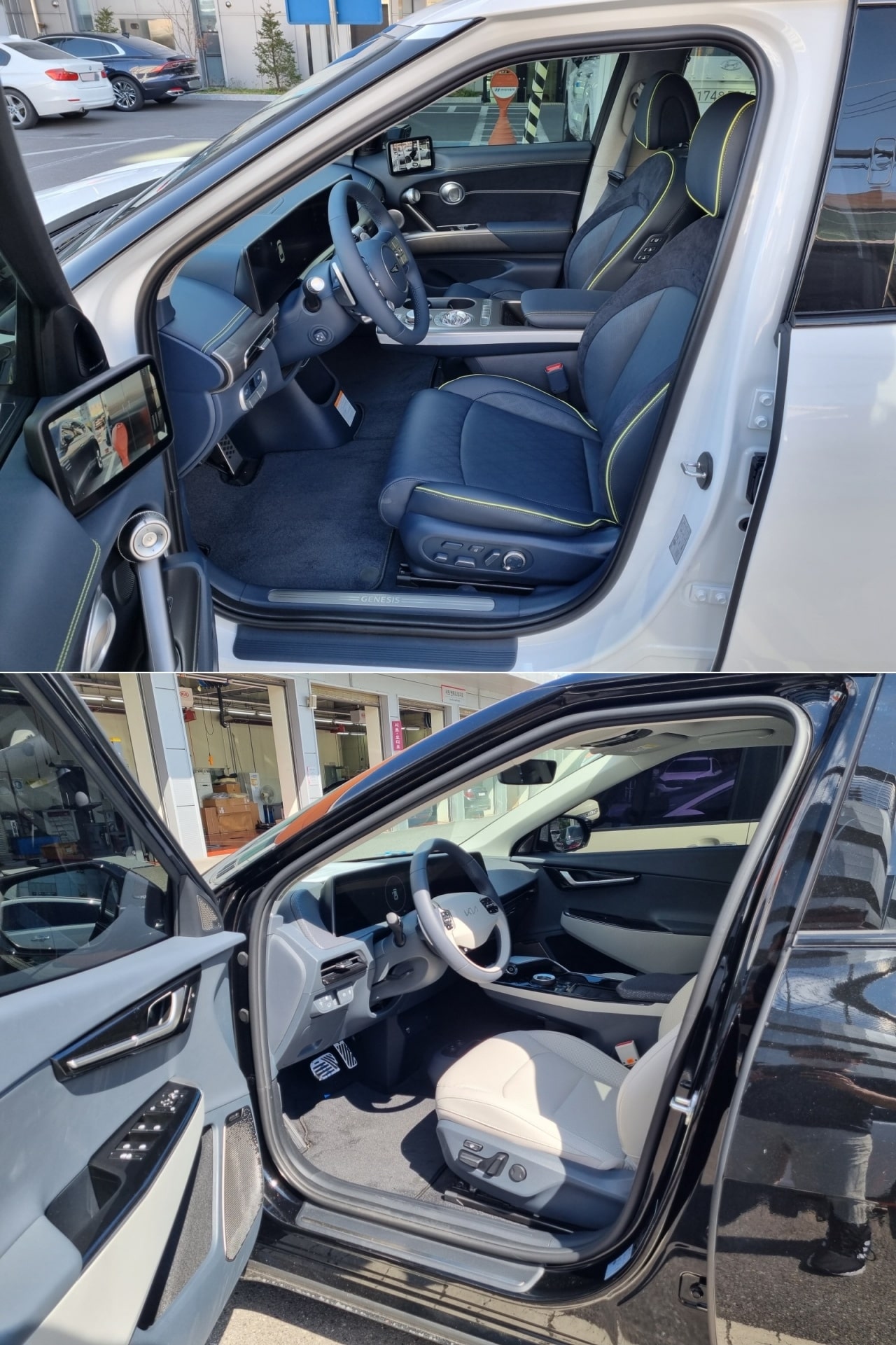 옆에서 본 GV60(위)과 EV6(아래)의 앞좌석입니다.