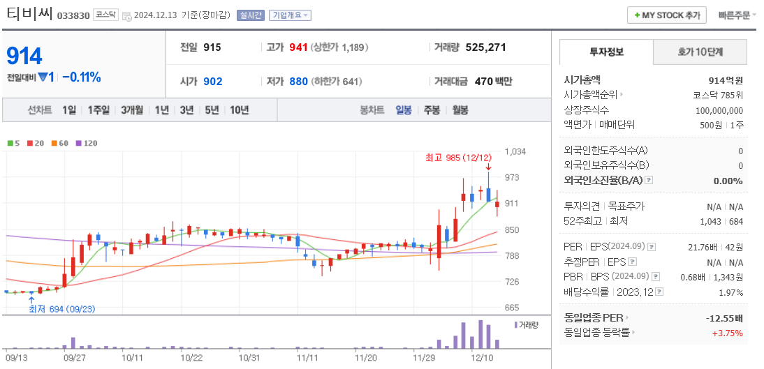 홍준표 관련주 티비씨 주가 차트
