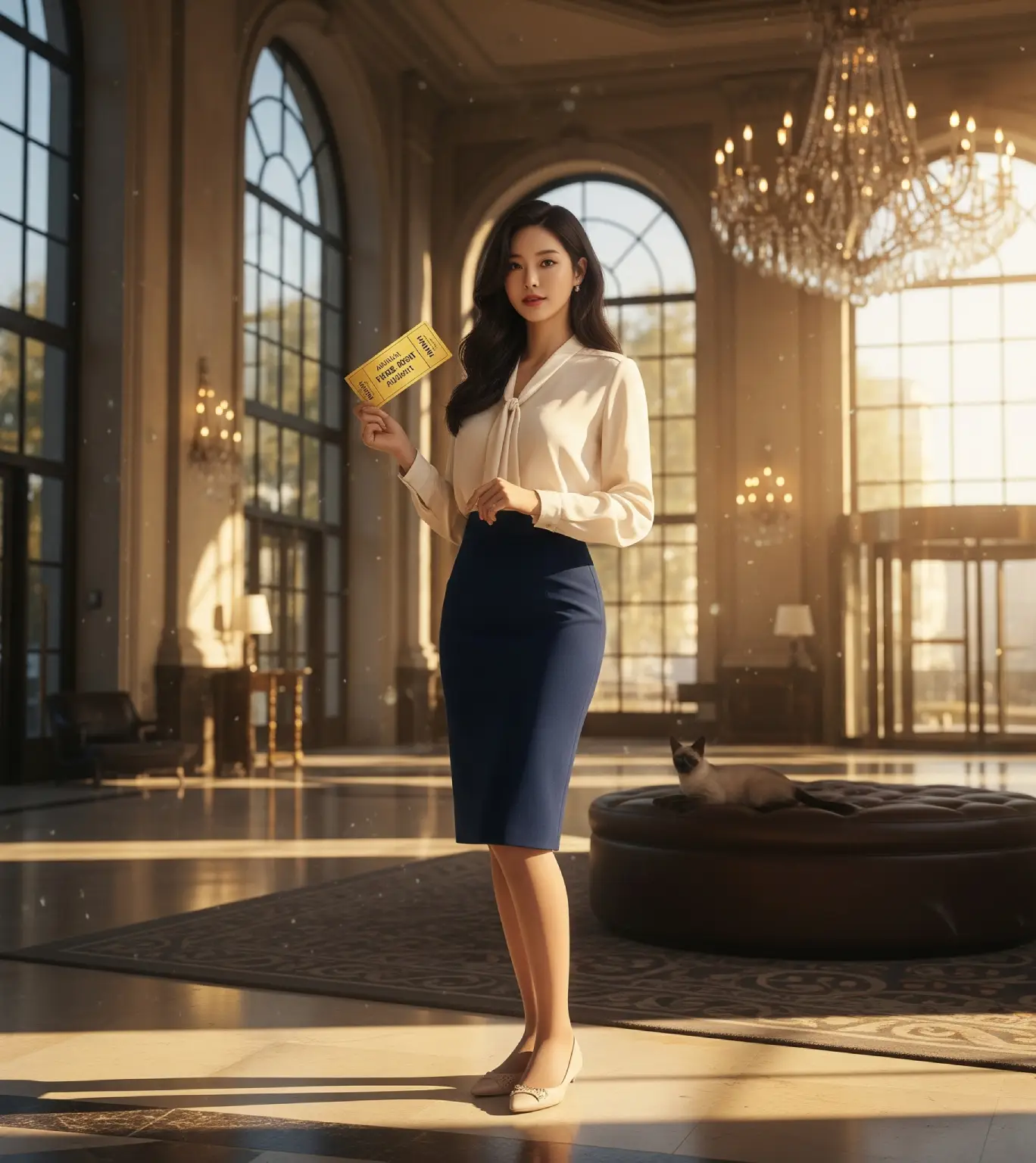 캐나다 아멕스 본보이 카드 혜택인 무료 숙박권을 상징하는 골드 티켓을 들고 세련된 미소를 짓는 한국 여성