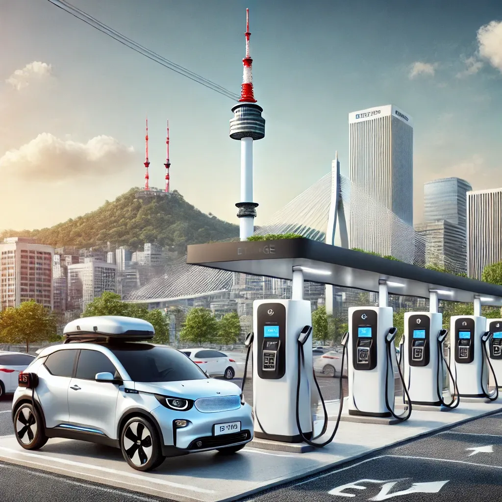 서울 전기차 충전소와 남산타워 배경, 충전 중인 전기차