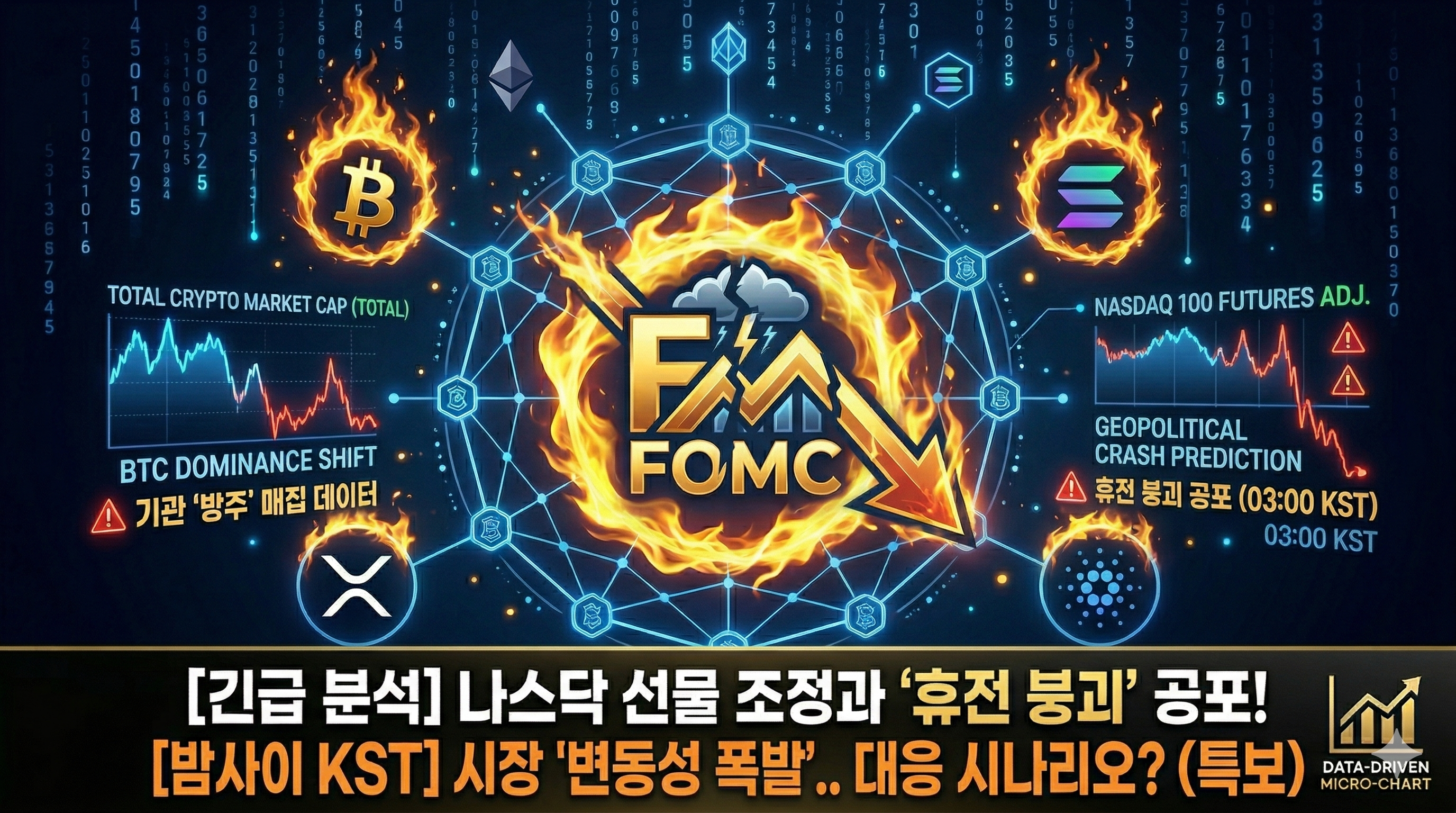 2026년 4월 9일 목요일 밤, 미국 증시 개장을 앞두고 나스닥 선물 지수의 소폭 조정과 '2주간의 임시 휴전 붕괴'에 대한 시장의 위기감을 시각화한 전문 금융 인포그래픽 이미지. 

어두운 네이비 그라데이션 배경에는 복잡하게 얽힌 파란색 블록체인 네트워크 노드와 그 위로 끊임없이 떨어지는 디지털 숫자 전광판이 배치되어 있어, 고변동성의 하이테크 금융 시장 분위기를 조성한다. 

중앙에는 불타오르는 황금색 비트코인(₿) 심볼이 강력한 존재감을 드러내고 있으며, 그 바로 위로 붉은색 볼드체로 '긴급 특보: 휴전 붕괴 공포'라는 자막이 배치되어 긴박한 시황을 알린다. 

불타는 비트코인 심볼 주변으로 이더리움(&Xi;), 솔라나(S), 리플(XRP) 로고가 담긴 작은 파란색 네트워크 노드들이 돌고 있어 주요 코인의 동반 변동성을 시각화했다. 

이미지 하단에는 불길 위에 짙은 그레이 배경의 배너가 놓여 있으며, 그 위에 흰색 볼드체와 주황색 포인트로 메인 타이틀이 적혀 있다. 첫 번째 줄에는 '[2026.04.09] 나스닥 선물 조정과 '휴전 붕괴' 공포..', 두 번째 줄에는 '미국장 개장 '변동성 폭발'? (야간 대응 전략)'이라고 선명하게 기입되어 있다. 

우측 하단 Footer 영역에는 금색 테두리의 'DATA-DRIVEN MICRO-CHART' 로고와 상승하는 우상향 그래프 아이콘이 삽입되어, 이 시황 분석이 수치와 사실에 기반한 전문 리포트임을 증명한다. 전체적으로 차가운 파란색 네트워크와 대비되는 강렬한 황금색/오렌지색 불꽃 효과가 시장의 위험과 기회가 공존하는 긴장감을 극적으로 표현한다.