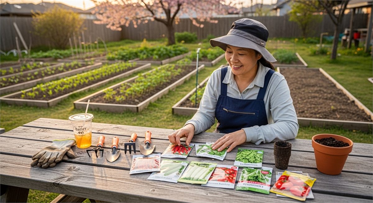 한국형 텃밭에서 봄작물 선택을 고민하는 가드너의 모습