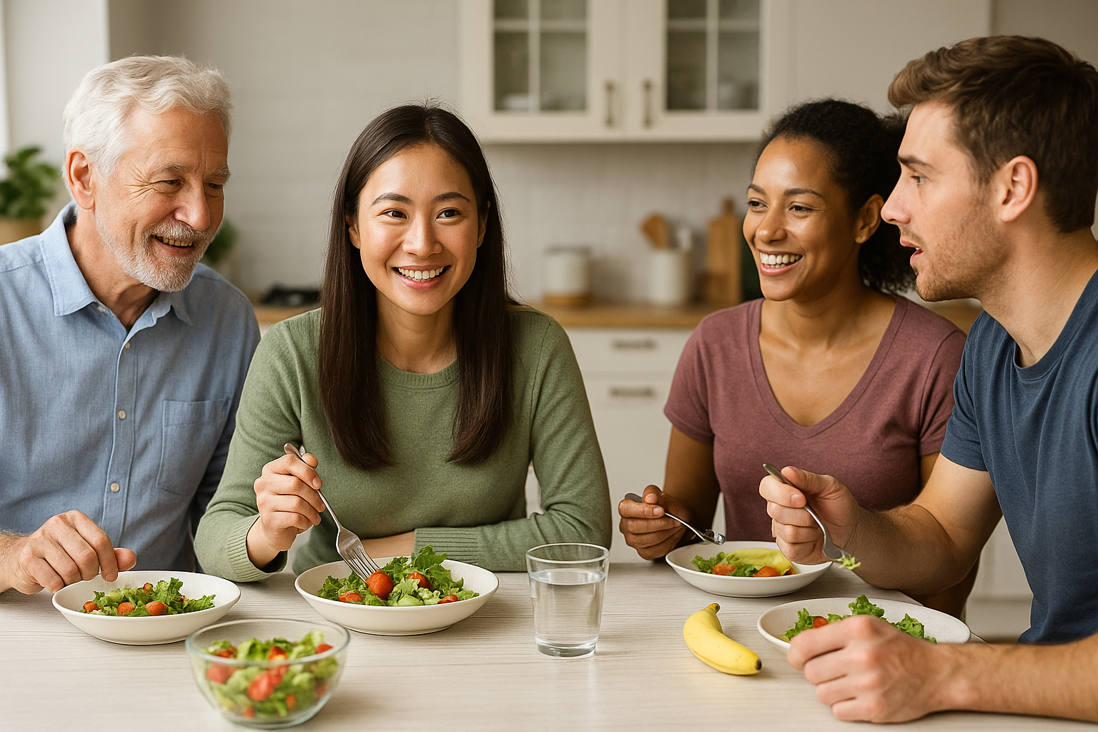 가족과 친구들이 함께 식탁에 모여 건강한 샐러드를 즐기는 모습.
