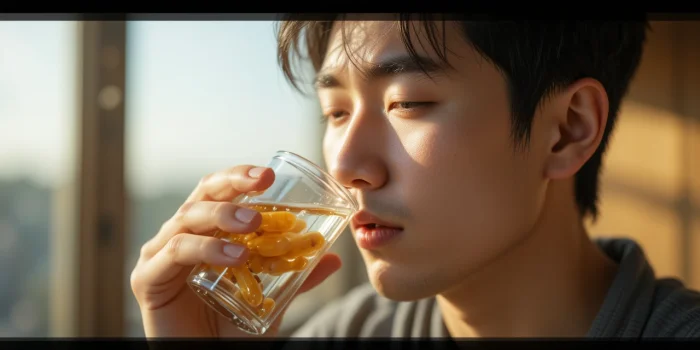 아침 햇살 속 영양제 복용하는 남성