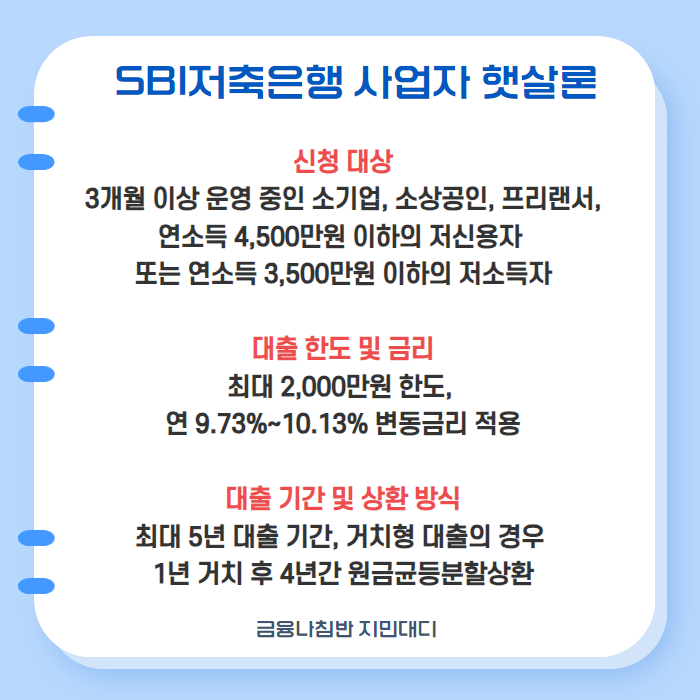 정부지원대출 SBI저축은행 사업자 햇살론