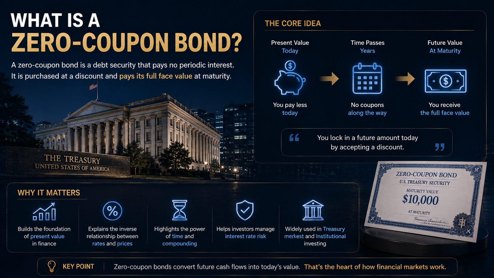 What is a zero-coupon bond and how discounted present value grows to full face value at maturity
