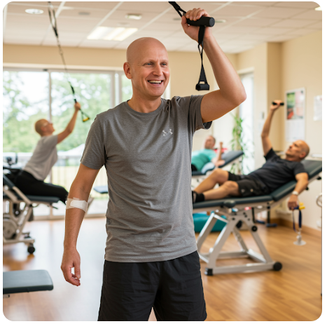 웃으며 재활 운동하는 암환자