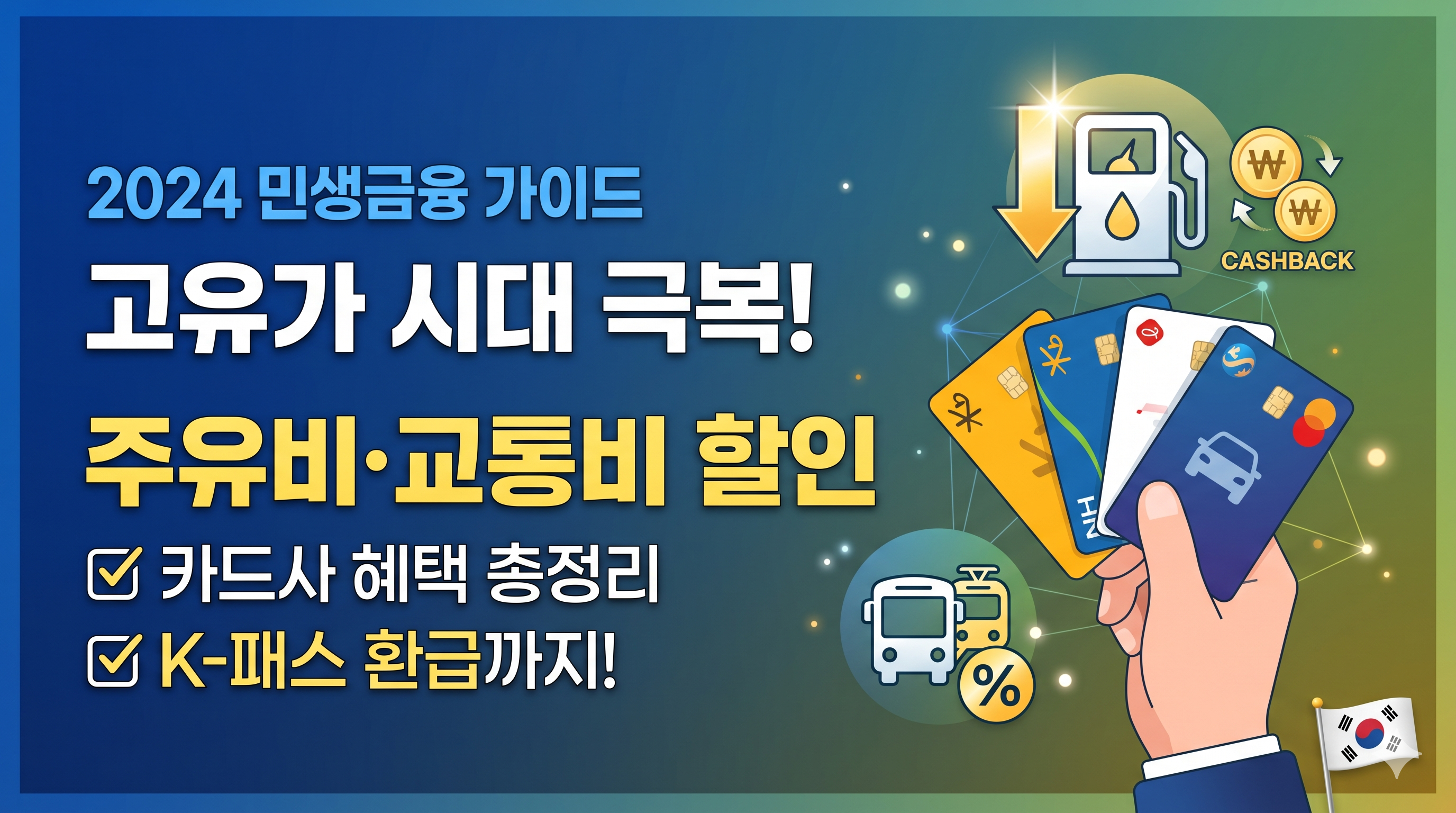 2024년 민생금융 가이드 고유가 시대 극복! 주유비 및 교통비 할인 혜택을 정리한 썸네일입니다.배경은 신뢰감을 주는 짙은 푸른색이며, 중앙에는 KB국민카드, NH농협카드 등 주요 카드사들의 신용카드를 쥔 손이 배치되어 있습니다. 우측 상단에는 주유기 아이콘과 화살표, 'CASHBACK' 텍스트를 통해 비용 절감을 시각화했고, 하단에는 버스와 전철 아이콘이 포함된 K-패스 환급 혜택을 강조하고 있습니다.