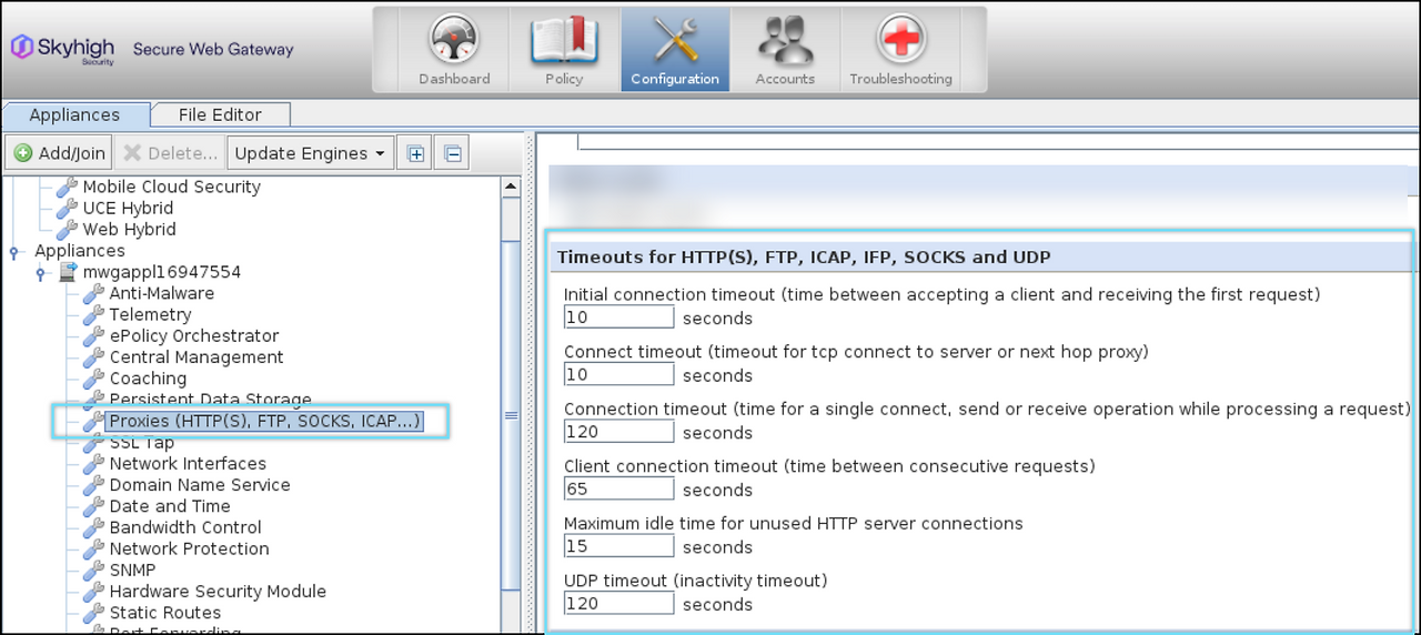 Timeouts for HTTP(S), FTP, and ICAP