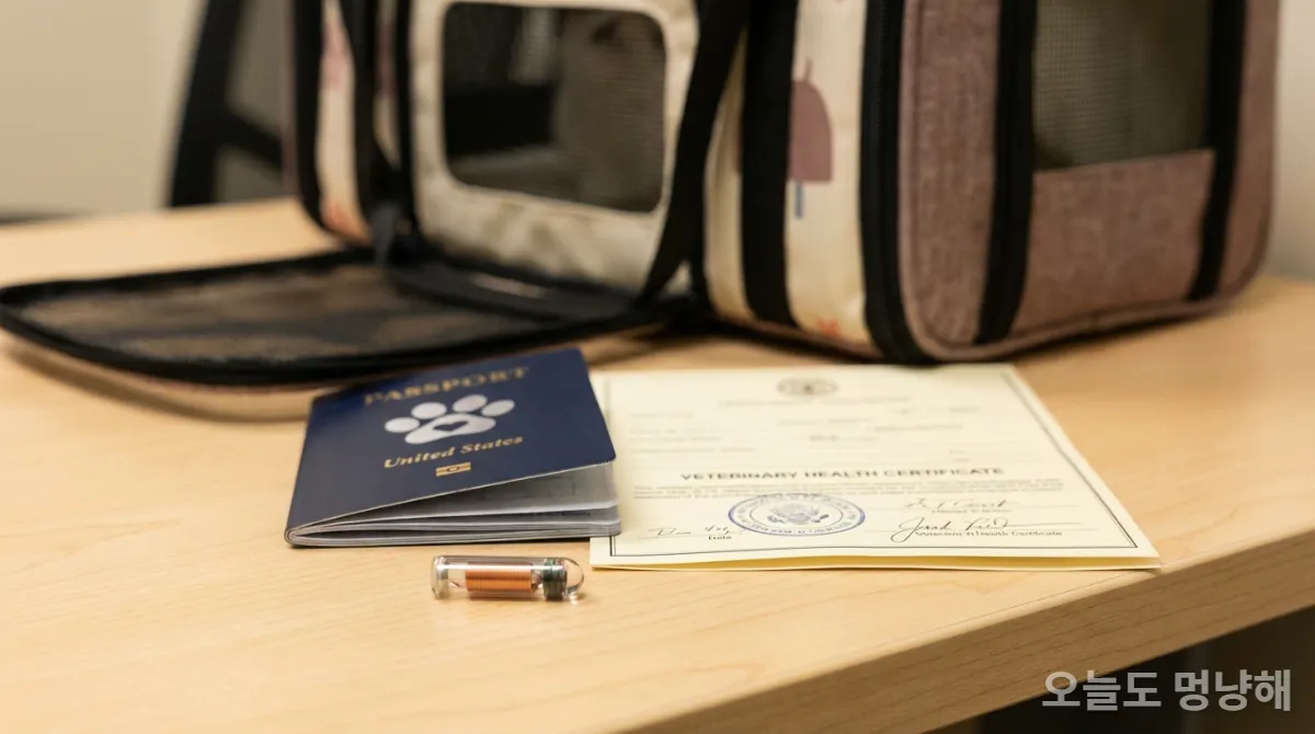 해외여행 필수품인 반려동물 마이크로칩과 여권, 건강 증명서가 나란히 놓여있는 모습