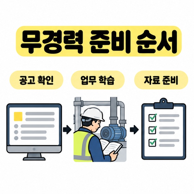 채용 공고 확인에서 설비 안전 업무 학습과 점검 자료 준비로 이어지는 무경력자의 취업 준비 순서를 보여주는 이미지