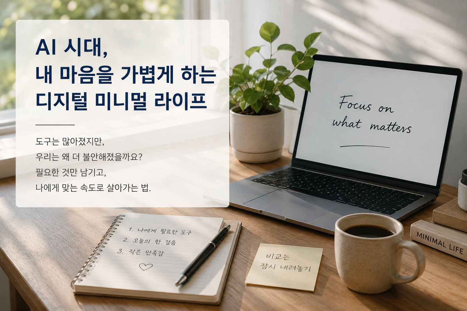 "차분한 톤의 테이블 위에 놓인 따뜻한 찻잔과 여유로운 휴식을 연상시키는 미니멀한 이미지"
