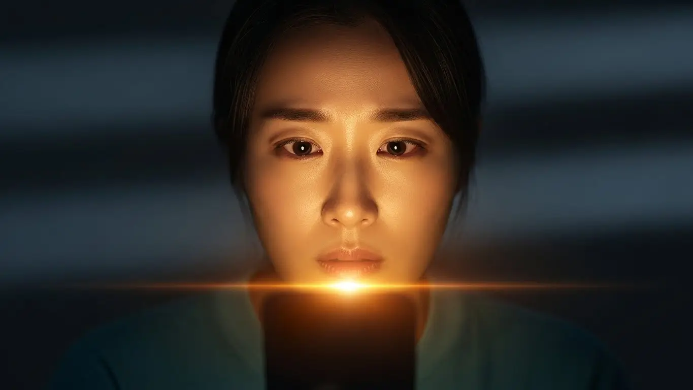 어두운 방에서 스마트폰으로 대출 정보를 검색하다가 희망의 빛을 발견하는 한국인의 모습