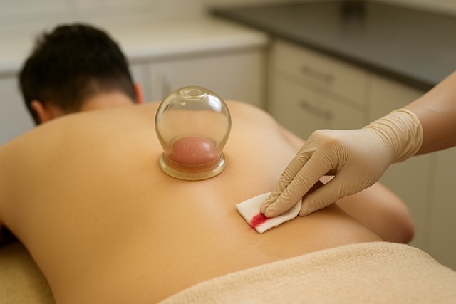 사혈 부항 시술 중, 환자의 등에 부항기를 붙이고 의료진이 출혈 부위를 멸균 거즈로 닦는 모습(출처: 자체제작)