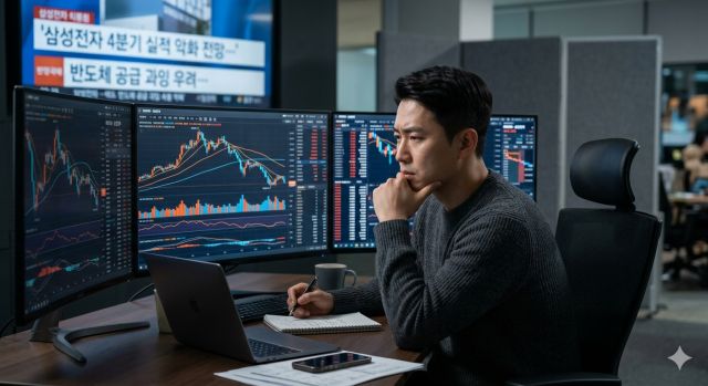 삼성전자 노조 파업 뉴스와 주가 하락 그래프를 보며 고민하는 투자자 모습