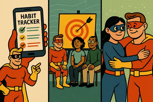 히어로 캐릭터들이 등장하는 습관 추적 앱, 목표 공유 커뮤니티, 상호 지지하는 장면을 담은 세 컷 인포그래픽
