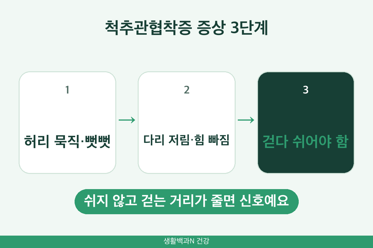 척추관협착증 증상 초기 허리 통증 다리 저림 간헐적 파행 걷기 장애