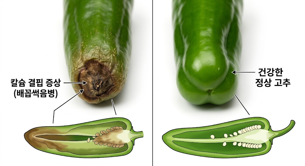 고추 밑부분이 까맣게 괴사 된 칼슘 결핍 증상과 건강한 고추 열매를 직관적으로 비교한 단면 일러스트