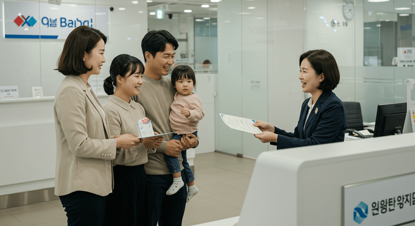 여성 공무원이 선불카드를 수급인에게 건네며 설명하는 모습 2