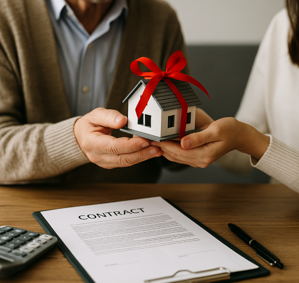 집 모형에 빨간 리본이 묶여 있는 증여 장면. 부모가 자녀에게 부동산을 넘겨주는 상황을 상징하며, 테이블에는 계약서와 계산기가 함께 놓여 있음.