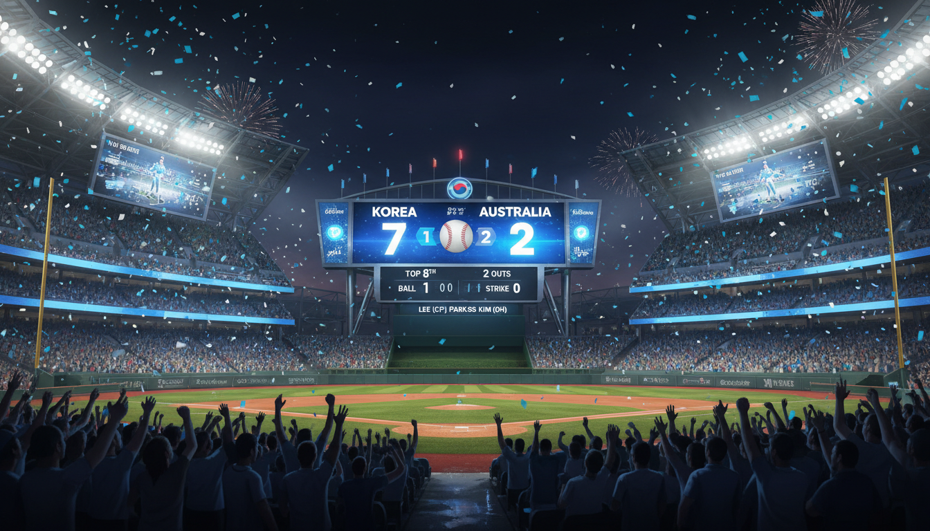2026 WBC 한국 대 호주 7대2 대승을 알리는 야구장 전광판
