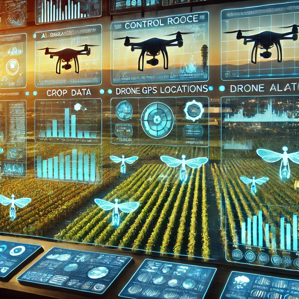 드론이 스마트팜을 비행하며 작물 상태를 점검하는 장면